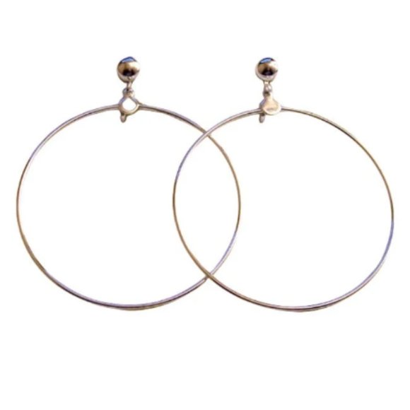 Thin Ring 2 3/4" Long Hoops Clip On Earrings Silver Tone - Picture 2 of 6